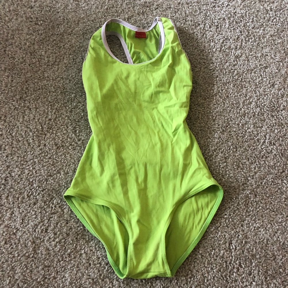 Yumiko Leotard | Lime Green | Light Pink Trim | Microfiber | Gently Used | M